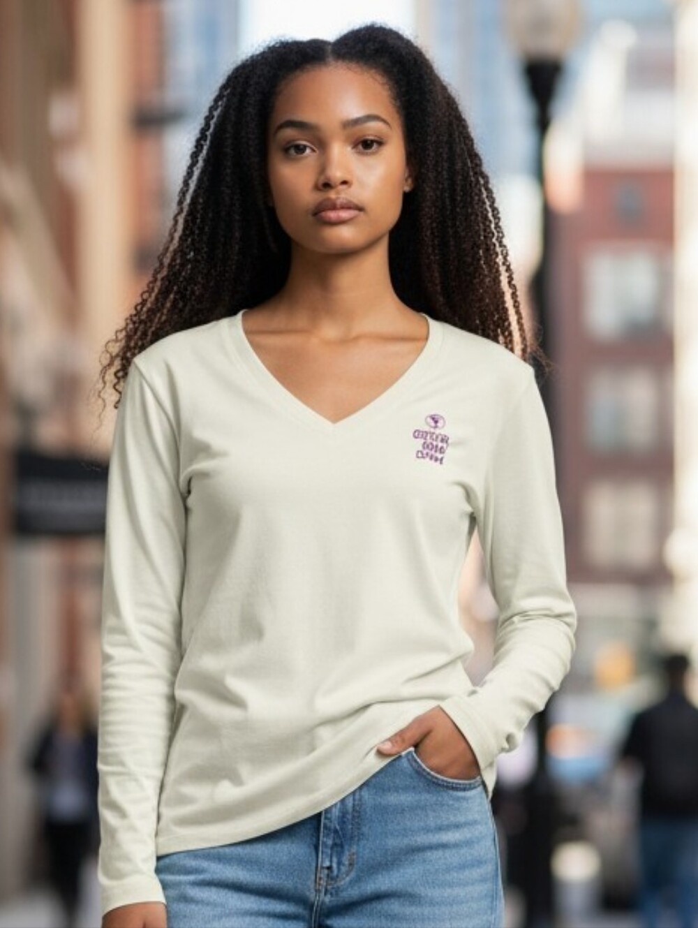 G-Star Off White V-Neck Long Sleeve Tee with Small Chest Logo 3024